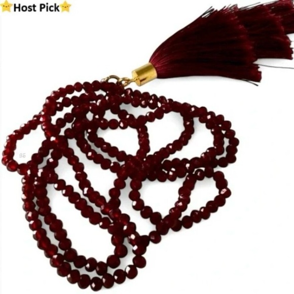 Source Unknown Jewelry - Garnet Red Faceted Crystal Necklace w/ Layered Tassels – 36” Long